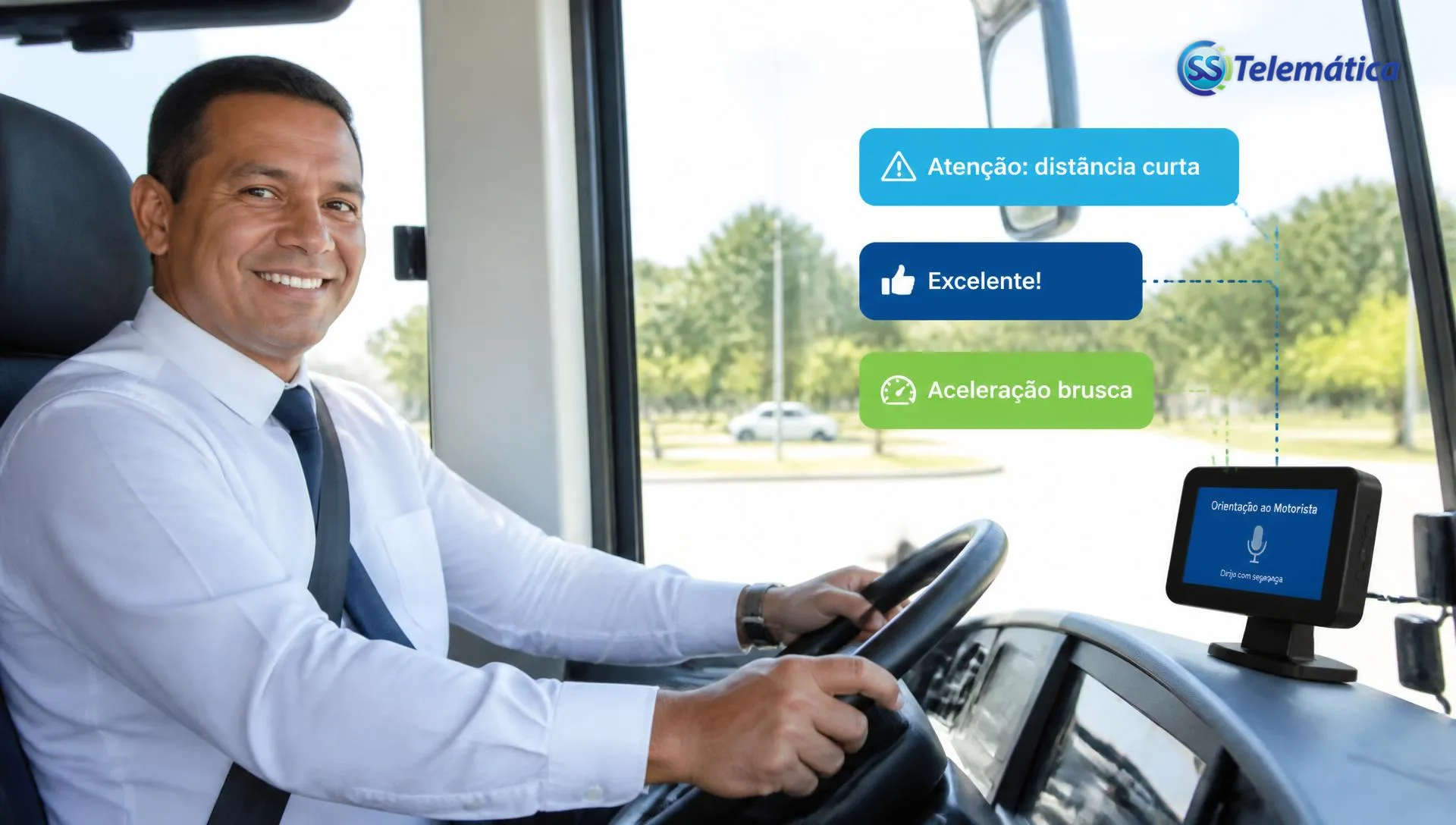 Motorista recebendo orientação em tempo real: atenção à distância curta, aceleração brusca e feedback positivo