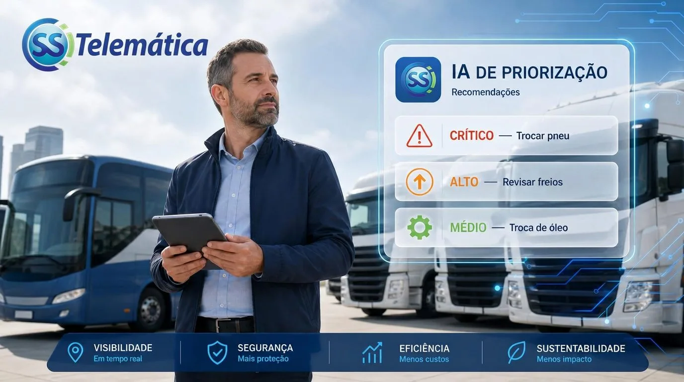 IA de priorização do Fleet Manager mostrando recomendações Crítico, Alto e Médio para a frota